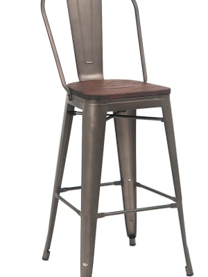 Industrial Bar Stool, Gun Metal Finish,beautiful Elm Wood Grain Seat