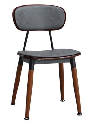 Modern Industrial Chair- Grey Vinyl Seat with Walnut Wood Grain Metal Frame