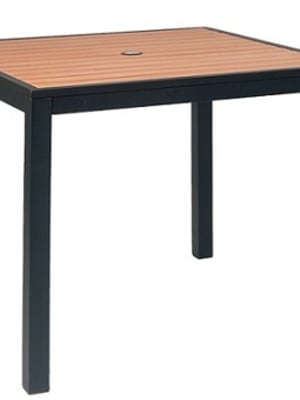 Teak Synthetic Slat Patio Table â€“ 36"x36" | Black Aluminum Frame with Umbrella Hole | Commercial Outdoor Furniture