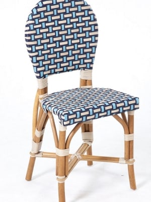 Rattan Wood Blue/White Weave Restaurant Chair. Designed for both style and performance, this chair features a classic blue and white woven rattan seat paired with a sturdy wooden frame