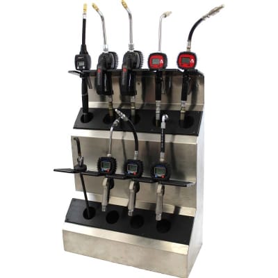 Stainless steel lube dispensing console with multiple oil control guns, featuring digital meters for precise measurements.