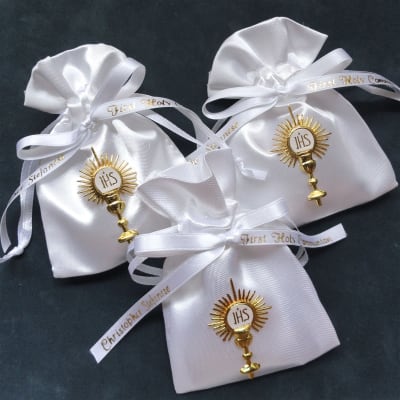Satin Communion Favor Pouch with IHS Symbol and Personalization