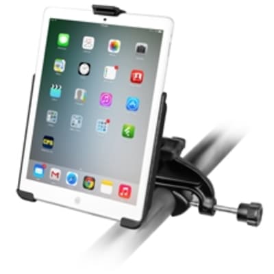 RAM-B-121-AP14U iPad mini mount with yoke clamp, double socket arm, and EZ-Rollâ€™r cradle, fits 0.625â€“1.25" rails, fully adjustable.
