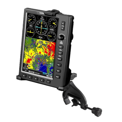 RAM-B-121-GA38U Garmin GPSMAP 695/696 mount with yoke clamp, double socket arm, fits 0.625â€“1.25" rails, adjustable viewing angles.