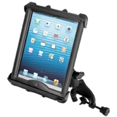 RAM-B-121-TAB8U yoke clamp mount with double socket arm and Tab-Tite universal cradle, fits 10" tablets in heavy-duty cases, adjustable, secure.