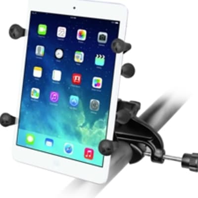 RAM-B-121-UN8U yoke clamp mount with double socket arm and spring-loaded X-Grip cradle, fits 7"-8" tablets, adjustable, secure, with device tether.