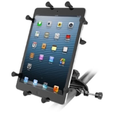 RAM-B-121-UN9U yoke clamp mount with double socket arm and spring-loaded X-Grip III cradle, fits 11" tablets, adjustable and secure.