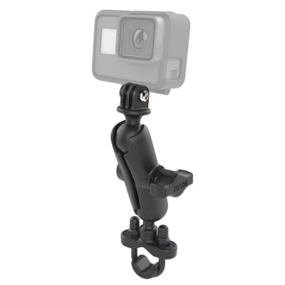 RAM-B-149Z-GOP1U U-bolt mount with double socket arm and custom GoPro adapter, fits 0.5"â€“1.25" rails, adjustable for optimal camera positioning.