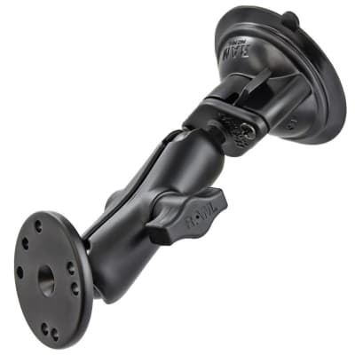 RAM-B-166-202U Twist-Lock 3.3" suction cup mount with medium double socket arm and AMPS round base, adjustable and secure for nonporous surfaces.