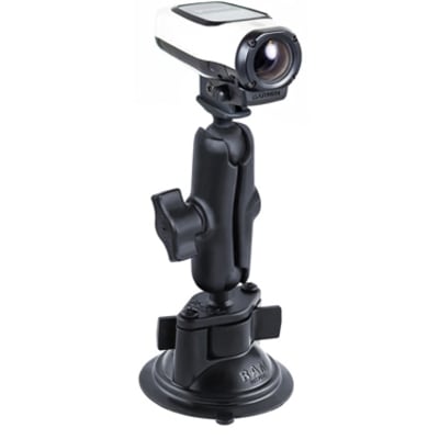 RAM-B-166-GA63U 3.3" Twist-Lock suction cup mount with double socket arm and Garmin VIRB camera adapter, secure hold, adjustable angles.