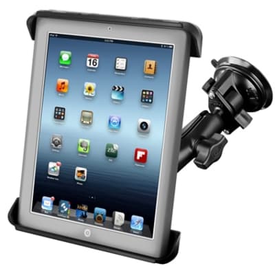 RAM Tab-Tite suction cup tablet mount with adjustable arm and cradle, holding an iPad securely for hands-free use.