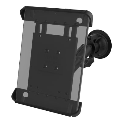 RAM Tab-Tite suction cup tablet mount with adjustable arm, shown holding a tablet securely for hands-free use on glass or smooth surfaces.
