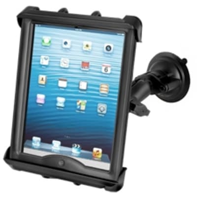 RAM Tab-Tite suction cup tablet mount with adjustable arm and spring-loaded cradle, designed for 10â€³ tablets in heavy-duty protective cases.
