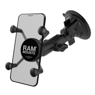 RAM X-Grip suction cup phone mount with adjustable arm and spring-loaded â€˜Xâ€™ holder, securing a smartphone on a vehicle windshield.