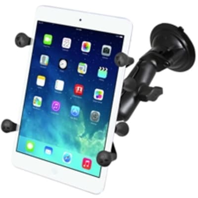 RAM X-Grip suction cup tablet mount with adjustable arm and spring-loaded â€˜Xâ€™ holder, securing a 7"-8" tablet on a vehicle windshield.