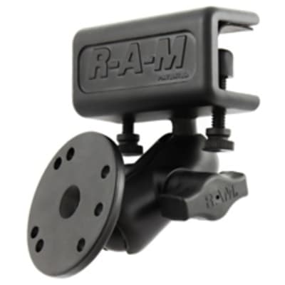RAM glare shield clamp mount with short double socket arm and round base, designed to attach securely to window edges or aircraft glare shields.