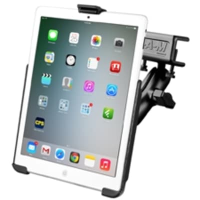 RAM glare shield clamp mount with EZ-Rollâ€™r cradle for iPad mini, featuring adjustable double socket arm for secure and convenient viewing.