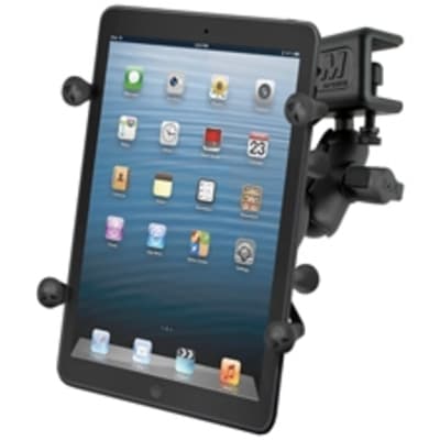 RAM glare shield clamp mount with double socket arm and spring-loaded X-Grip cradle, holding a 7"-8" tablet securely on a clamped surface.