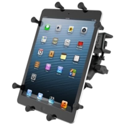 RAM glare shield clamp mount with double socket arm and X-Grip III spring-loaded cradle, holding a 10" tablet securely on a clamped surface.