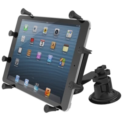 RAM dual articulating suction cup mount with double socket arm and X-Grip cradle, holding a 11" tablet on curved or flat surfaces.