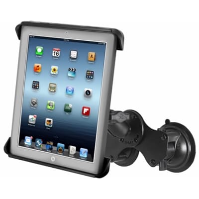 RAM dual suction cup mount with double socket arm and Tab-Tite cradle, holding an iPad securely on a glass or non-porous surface.