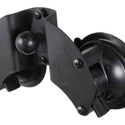 RAM dual 3.3" twist lock suction cup mount with diamond base and 1" rubber ball, securely attached to a smooth glass surface.