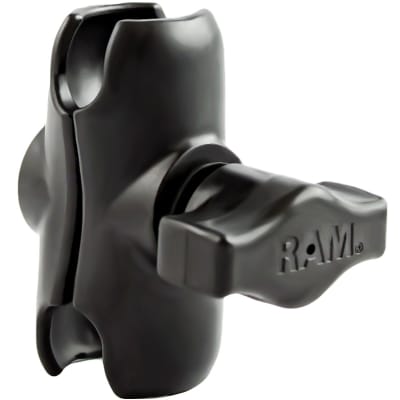 RAM short B-size double socket arm, 2.42" overall length, powder-coated aluminum, with adjustable knob for low-profile mounting and versatile positioning.