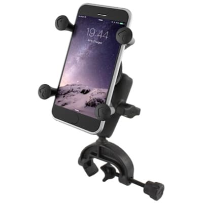 RAM X-Grip Phone Mount with Composite Yoke Clamp Base for securely holding smartphones and pilot devices in aviation cockpits.