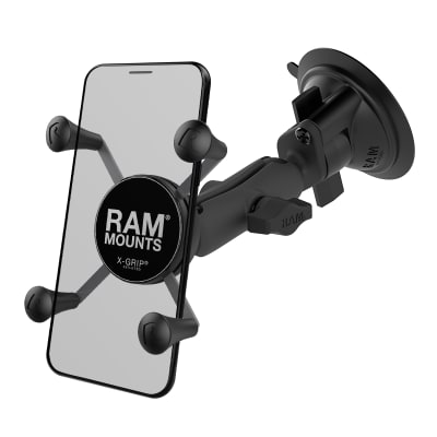 RAM X-Grip Phone Mount with Composite Twist-Lock Suction Cup Base for holding smartphones securely in cars, boats, and aircraft.