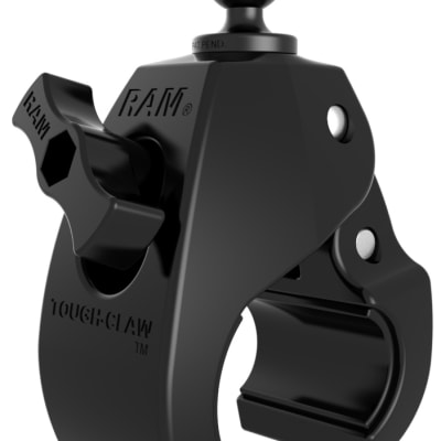 RAM Tough-Claw large mounting base clamped on a rail, featuring a 1" B-size rubber ball for attachment to RAM double socket arms, ideal for phones, tablets, and cameras.
