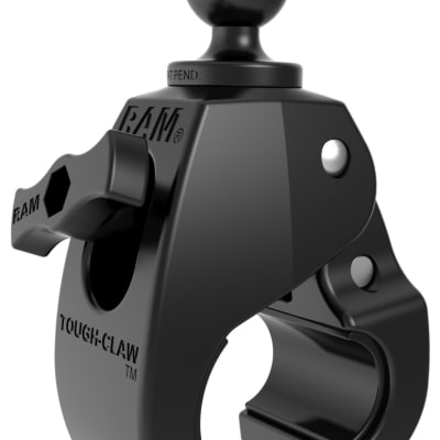 RAM Tough-Claw medium mounting base clamped on a rail, featuring a 1" B-size rubber ball for attachment to RAM double socket arms, ideal for phones, tablets, and cameras.