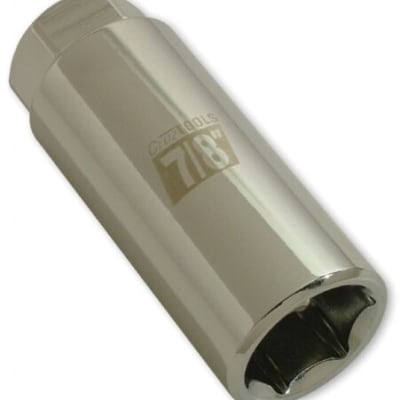 Aviation spark plug socket with thin-wall, deep well design and 7/8" hex, shown ready for use with Champion or Tempest plugs in tight engine bays.