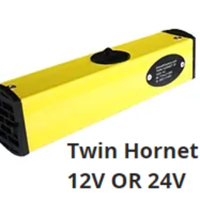 Twin Hornet 22 compact in-flight personal heater with dual fans, heating modules, and heavy-duty cigarette-style power cord.