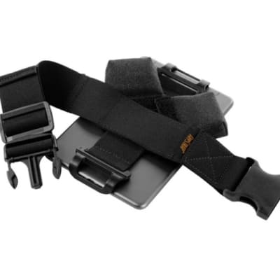 AppStrap 5(S) holding an iPad mini in an OtterBox case, with adjustable leg strap, tilt pads, and pen holder for stable angled use.
