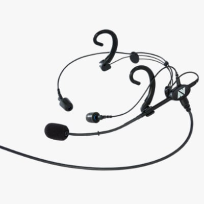 Clarity Aloft Flex aviation headset with adjustable headband, left/right mic placement, and Complyâ„¢ foam tips for secure fit and excellent noise reduction.