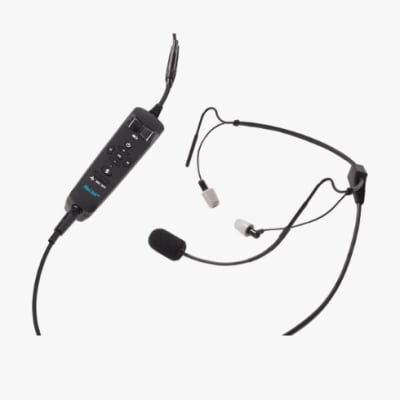 Clarity Aloft Link aviation headset with Bluetooth module, flexible mic boom, noise-reducing canal tips, and durable carrying case included.
