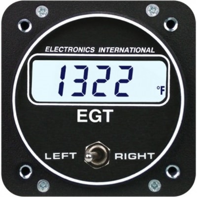 Electronics International E-2 dual channel EGT gauge for aircraft engines, offering accurate exhaust gas temperature monitoring for safe operation.
