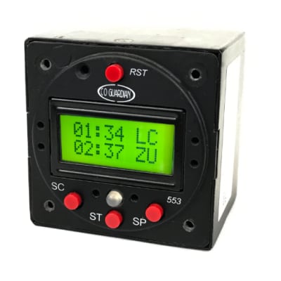 AERO 553 multi-function panel CO detector with clock, cabin altitude, temperature, timers, and RS-232 output; fits 2.25â€ instrument panel slot.