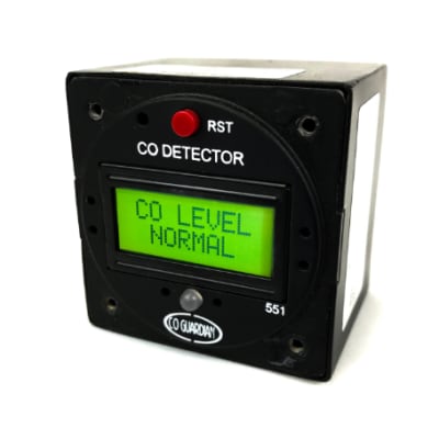 Aero 551 digital panel-mounted CO detector with LCD display and audible alarm; fits standard 2.25â€ instrument panel clock position.
