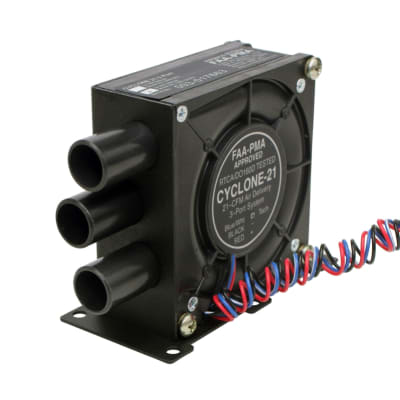 Lone Star Cyclone 21 Three Port Fan Blower, FAA-PMA approved, brushless DC, 21 CFM, designed for avionics cooling in aircraft and rotorcraft.