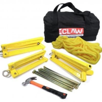 Millennium Outdoors C100 Aircraft Anchoring System with three Claw anchors, spikes, rope, and hammer in a compact carry bag.
