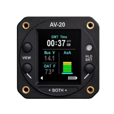 uAvionix AV-20 2-inch cockpit instrument with customizable 12-in-1 digital display, FAA-approved as a certified clock replacement.