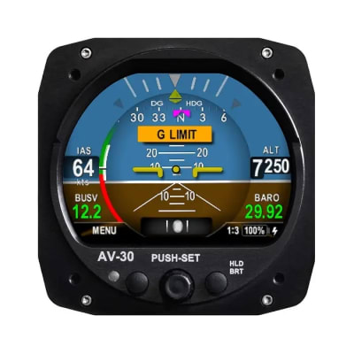 uAvionix AV-30 digital cockpit display retrofitted in a 3-inch panel slot, showing attitude, AoA, GPS, and flight data with round-gauge style.