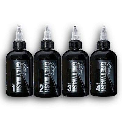 Allegory Ink Greywash 4oz bottles â€“ pre-mixed grey tattoo ink for smooth shading, seamless gradients, and professional results