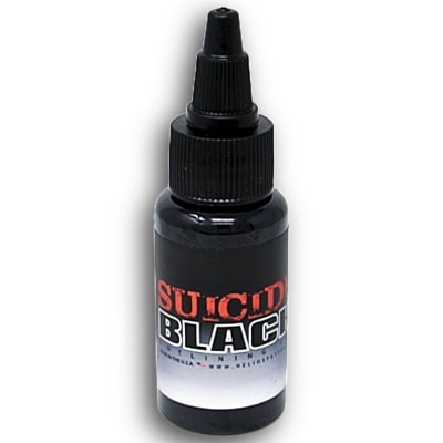 Bottle of Helios Suicide Black tattoo ink â€“ ultra-dark, thick black ink for bold saturation and solid fills