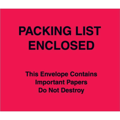 7" x 6" Red (Paper Face) "Packing List Enclosed" Important Papers Enclosed Envelopes 1000/Case