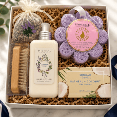 Luxury lavender spa gift tray featuring hand lotion, French lavender body buffer, oatmeal coconut soap, lavender sachet and nail brush.