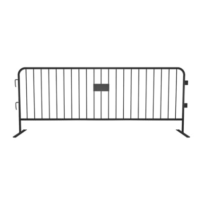 Orange 8.5ft powder coated steel crowd control barricade with flat feet and 21 upright risers, demonstrating high-visibility safety design.