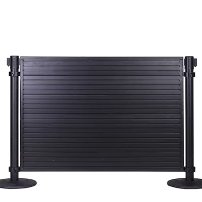 “Standard Merchandising Panel Kit with Slatwall and black stanchions”