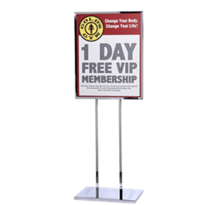“22x28 heavy-duty poster sign stand with polished chrome finish”